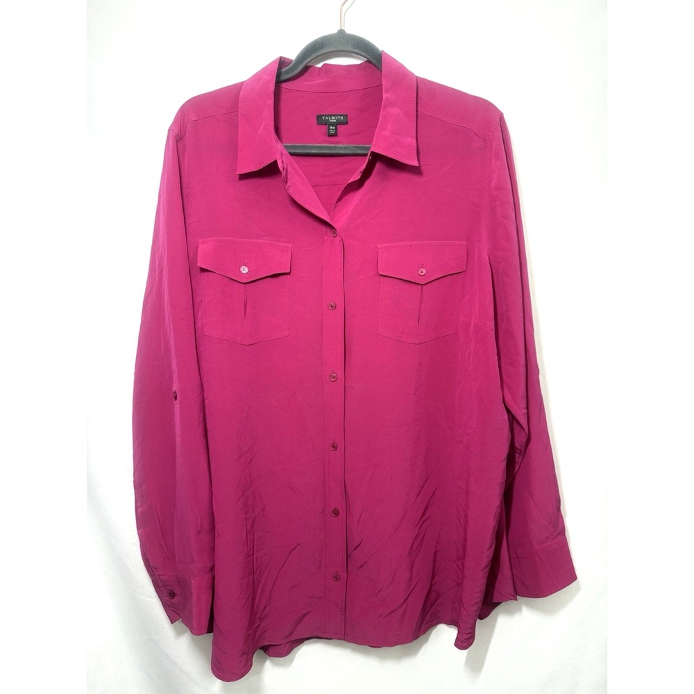Talbots 100% Silk Pink Long Roll Tab‎ Sleeve Button Front Top Blouse Womens 16W